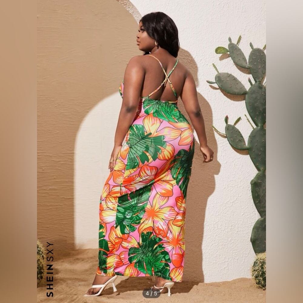 SHEIN SXY Plus Tropical Print Crisscross Backless Split Thigh Maxi - Picture 2 of 3